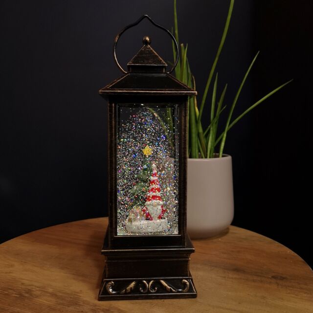 Samuel Alexander 28cm LED Christmas Glitter Water Spinner Antique Lantern Snowy Gonk Scene in Black - image 1