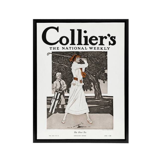 "Artery8 Woman Golfer First Tee Vintage Magazine Framed Canvas Wall Art Print in White - Size: W12"" x H16""" - image 1