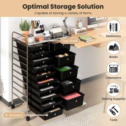 Gymax Art Craft Organizer With 15 Drawer Rolling Utility Cart Multipurpose in Black - thumbnail 7