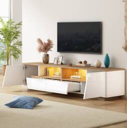 STILVORA TV Stand with LED Lighting, Drawers & Cabinets, White & Oak - thumbnail 3