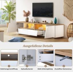 STILVORA TV Stand with LED Lighting, Drawers & Cabinets, White & Oak - thumbnail 7