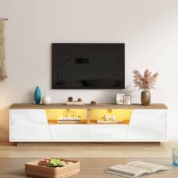 STILVORA TV Stand with LED Lighting, Drawers & Cabinets, White & Oak - thumbnail 1