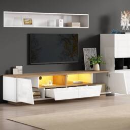 STILVORA TV Stand with LED Lighting, Drawers & Cabinets, White & Oak - thumbnail 2
