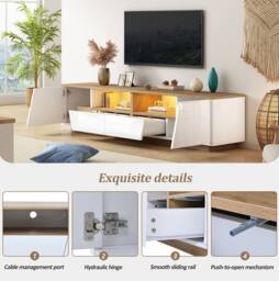 STILVORA TV Stand with LED Lighting, Drawers & Cabinets, White & Oak - thumbnail 8