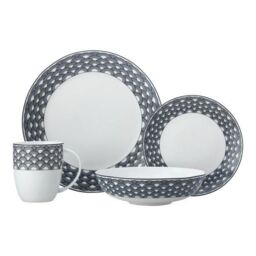 Maxwell & Williams Harlequin Coupe 16 Piece Black Edged Dinner Set Dishwasher Safe Service for 4 in White