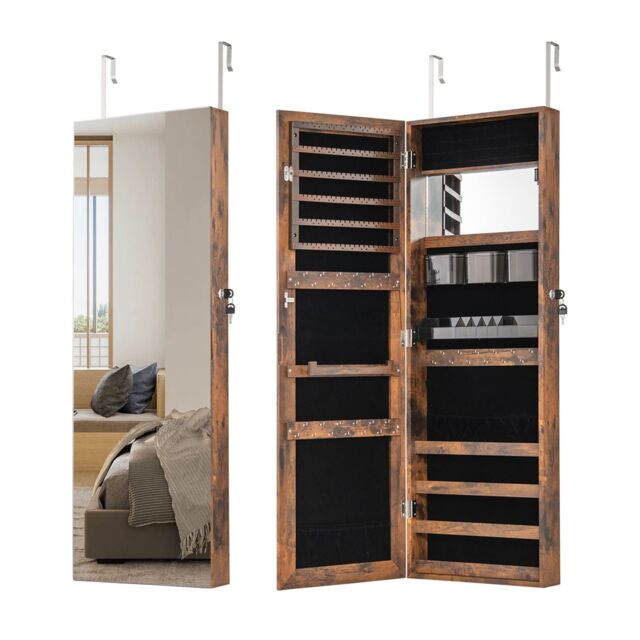 Costway Wall Mounted Jewellery Cabinet Door Hanging Jewelry Armoire w/ Full Length Mirror Lockable Cosmetics Jewellery Organiser Unit in Brown - image 1