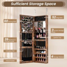 Costway Wall Mounted Jewellery Cabinet Door Hanging Jewelry Armoire w/ Full Length Mirror Lockable Cosmetics Jewellery Organiser Unit in Brown - thumbnail 4