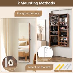 Costway Wall Mounted Jewellery Cabinet Door Hanging Jewelry Armoire w/ Full Length Mirror Lockable Cosmetics Jewellery Organiser Unit in Brown - thumbnail 6