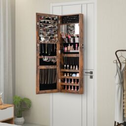Costway Wall Mounted Jewellery Cabinet Door Hanging Jewelry Armoire w/ Full Length Mirror Lockable Cosmetics Jewellery Organiser Unit in Brown - thumbnail 3