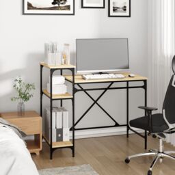 Berkfield Home Desk with Shelves Sonoma Oak 105x50x90 cm Engineered Wood&Iron in Brown - Size: 105 x 50 x 90 cm - thumbnail 3