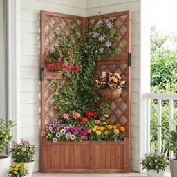 Costway Raised Garden Bed w/Lattice Trellises Elevated Wooden Planter Box in Brown - thumbnail 9