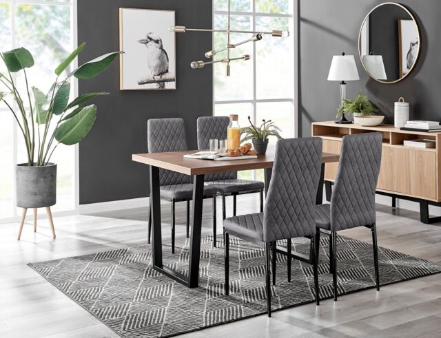 FurnitureboxUK Kylo Brown Wood Effect Dining Table With Black 'U' Legs & 4 Milan Velvet Chairs in Grey - image 1
