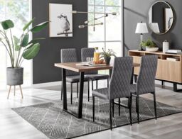 FurnitureboxUK Kylo Brown Wood Effect Dining Table With Black 'U' Legs & 4 Milan Velvet Chairs in Grey - thumbnail 1