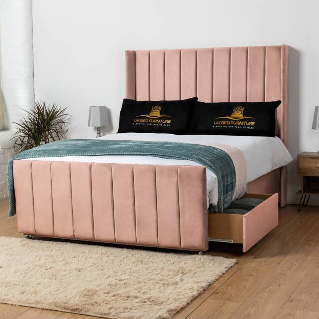 UK Bed Furniture Seoul Wingback Divan Bed with 54 Inch Headboard & 2 Drawers Foot End in Pink - Size: Small Double - image 1