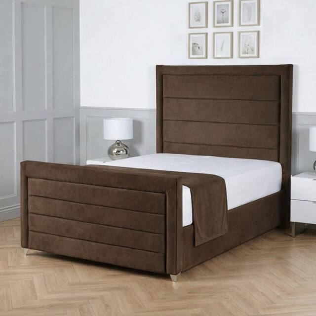 Living Comfort Bedz Selena Plush Velvet Upholstered Bed Slatted Base with 48Inch Headboard in Brown - Size: Double - image 1