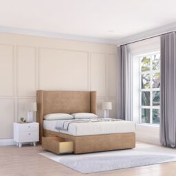 "Sloomy Devonshire Naples Wingback Bed Set, 2 Drawers & 54"" Floor Standing Headboard in Light Sand - Size: Super King" - thumbnail 1
