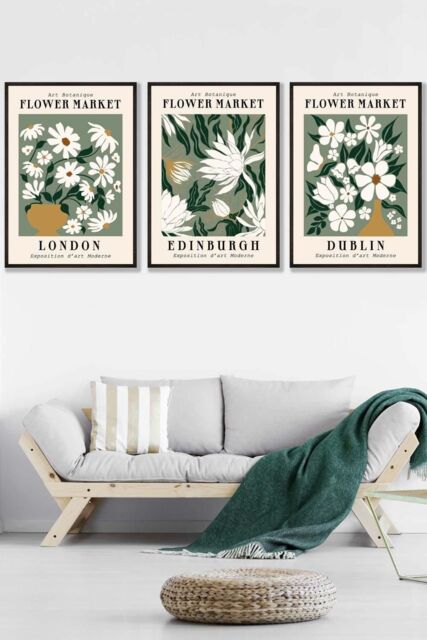 ARTZE Framed Green Flower Market London Edinburgh Dublin Framed Wall Art - Large in Black - Size: W53 cm x H73 cm x D20mm - image 1