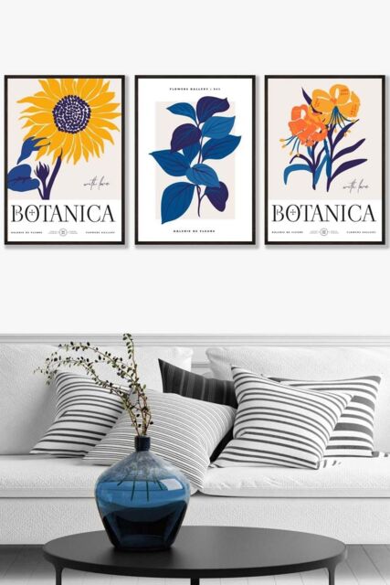 ARTZE Set of 3 Black Framed Flower Market Sunflower Yellow Blue Wall Art in Bright Yellow - Size: W33 cm x H45 cm x D20mm - image 1
