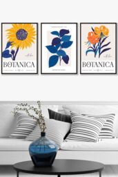 ARTZE Set of 3 Black Framed Flower Market Sunflower Yellow Blue Wall Art in Bright Yellow - Size: W33 cm x H45 cm x D20mm - thumbnail 1