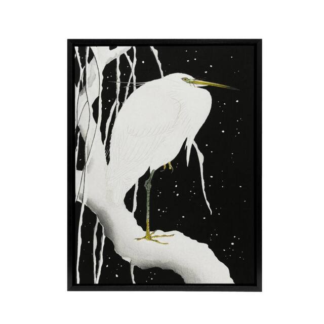 "Artery8 Heron In Snow Covered Tree Branch Framed Canvas Wall Art Print Koson in Black - Size: W12"" x H16""" - image 1