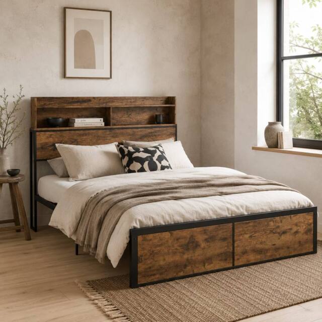 Wyld Haus Sata 4ft8 Rustic Brown & Black Industrial Double Bed Frame Headboard - image 1