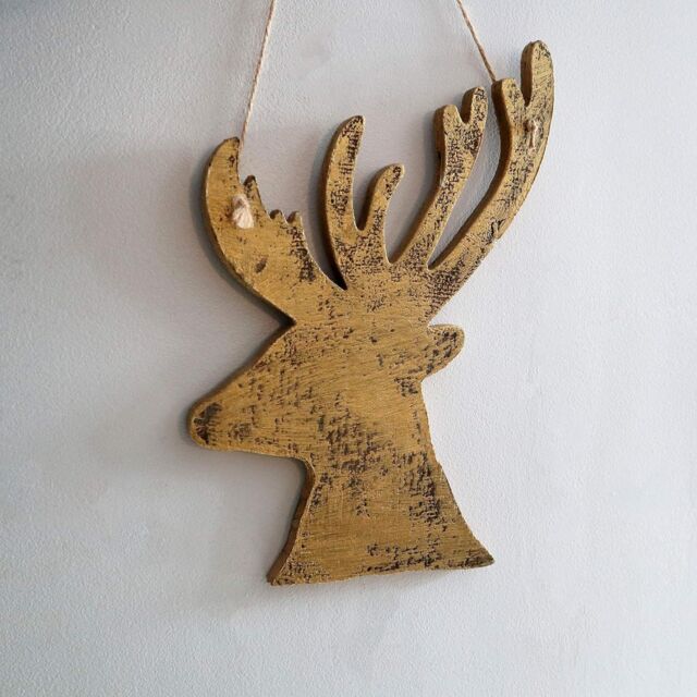 Shatchi 26cm Golden Christmas Wooden Hanging Deer Wall Decoration Xmas Home Office Holiday Decorative Centrepiece in Brown - image 1