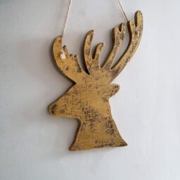 Shatchi 26cm Golden Christmas Wooden Hanging Deer Wall Decoration Xmas Home Office Holiday Decorative Centrepiece in Brown - thumbnail 1