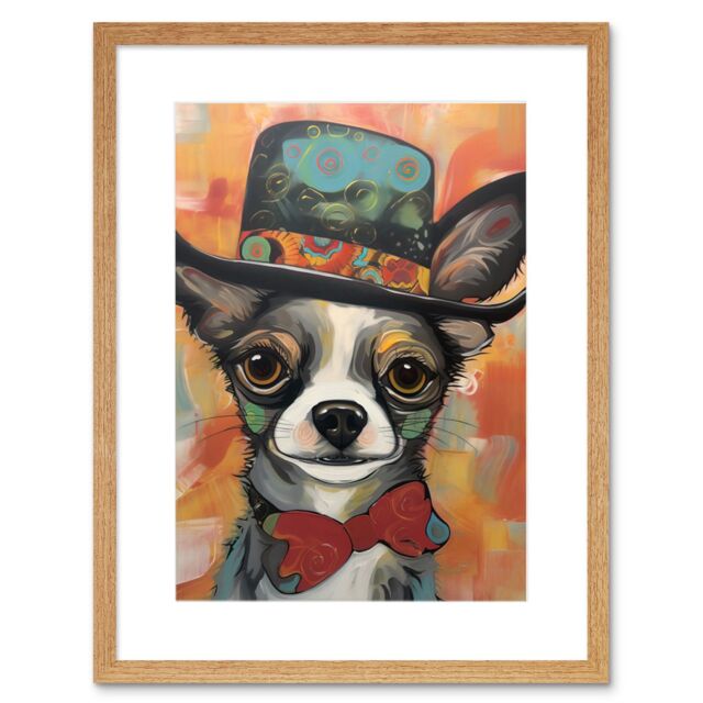 "Artery8 Wall Art Print Chihuahua Dog Top Hat & Bowtie Modern Folk Artwork Framed 9X7 Inch in Beige - Size: W7"" x H9""" - image 1