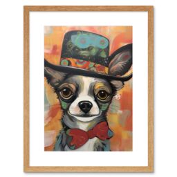 "Artery8 Wall Art Print Chihuahua Dog Top Hat & Bowtie Modern Folk Artwork Framed 9X7 Inch in Beige - Size: W7"" x H9""" - thumbnail 1