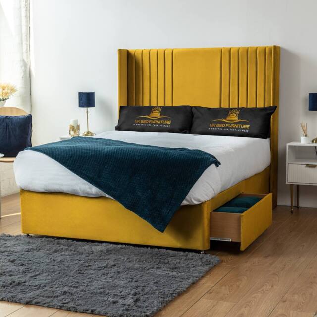 UK Bed Furniture Skyline Wingback Divan Bed with 2 Drawers Foot End & 54 Headboard in Mustard - Size: Double - image 1