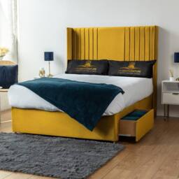 UK Bed Furniture Skyline Wingback Divan Bed with 2 Drawers Foot End & 54 Headboard in Mustard - Size: Double
