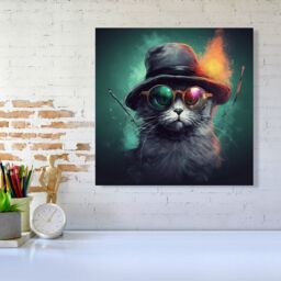 Warren Reed - Designer Fiery Cat In A Hat Canvas - Size: w10 inch x h10 inch - thumbnail 1