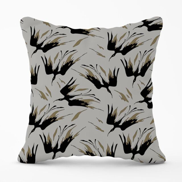 Warren Reed - Designer Black & Gold Fire Bird Silhouettes Outdoor Cushion in Grey - Size: 45 cm x 45 cm - image 1