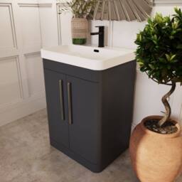 Balterley Wave 600mm Floor Standing 2 Door & Thin-Edge Ceramic Basin - Dark Grey - thumbnail 4