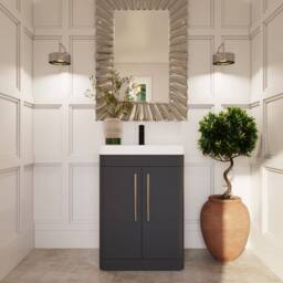 Balterley Wave 600mm Floor Standing 2 Door & Thin-Edge Ceramic Basin - Dark Grey - thumbnail 2