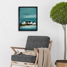 "Artery8 Wall Art Print Scottish Seascape White Cottages On Teal Art Framed in Black - Size: W12"" x H16""" - thumbnail 2