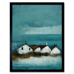 "Artery8 Wall Art Print Scottish Seascape White Cottages On Teal Art Framed in Black - Size: W12"" x H16""" - thumbnail 1
