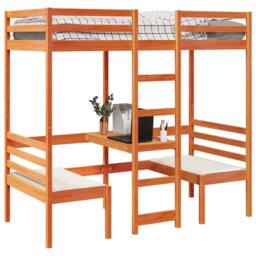 Berkfield Home Loft Bed Frame with Desk & Chairs Wax Brown 90x200cm Solid Wood Pine - Size: 90x200 cm - thumbnail 4