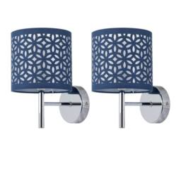 First Choice Lighting Set of 2 Brea - Chrome Wall Lights with Navy Blue Cut Out Shade in Silver