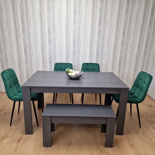 KOSY KOALA Grey Dining Table & 4 Green Velvet Tufted Chairs with 1 Bench in Dark Grey - image 1