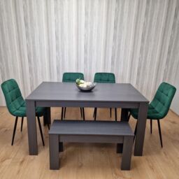 KOSY KOALA Grey Dining Table & 4 Green Velvet Tufted Chairs with 1 Bench in Dark Grey