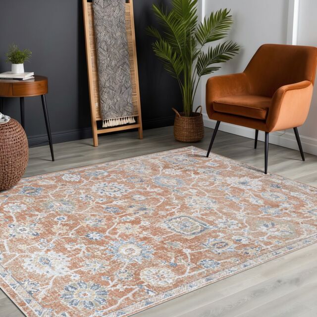 Livabliss Lilian-Washable Brown Blue Vintage Traditional Boho Living Dining Rug in Burnt Orange - Size: 120 cm x 170 cm - image 1