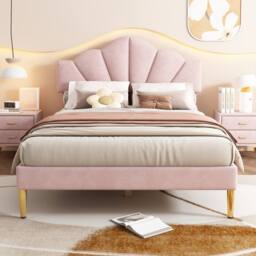 Matteo Pink Velvet Double Bed - Shell Design, Golden Legs - thumbnail 4