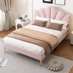 Matteo Pink Velvet Double Bed - Shell Design, Golden Legs - thumbnail 5