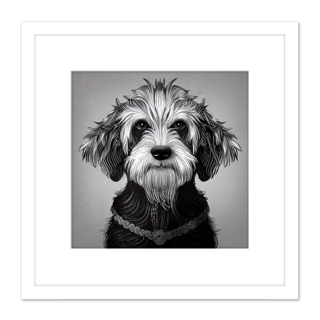 Artery8 Cockapoo Dog Portrait Monochrome Tribal Illustration Square Wooden Framed Wall Art Print Picture 8X8 Inch in White - image 1