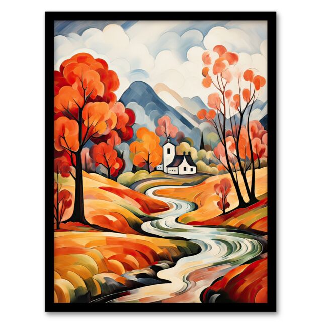 Artery8 Wall Art Print Autumn Countryside Landscape Painting River Village Framed in Orange - Size: A4 - image 1
