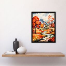 Artery8 Wall Art Print Autumn Countryside Landscape Painting River Village Framed in Orange - Size: A4 - thumbnail 4