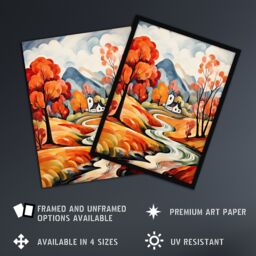 Artery8 Wall Art Print Autumn Countryside Landscape Painting River Village Framed in Orange - Size: A4 - thumbnail 2