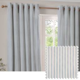 Yard Hebden Striped 100% Cotton Lined Eyelet Curtain Pair in Baby Blue - Size: 117 cm width x 183 cm drop - thumbnail 1