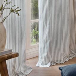 Yard Hebden Striped 100% Cotton Lined Eyelet Curtain Pair in Baby Blue - Size: 117 cm width x 183 cm drop - thumbnail 3